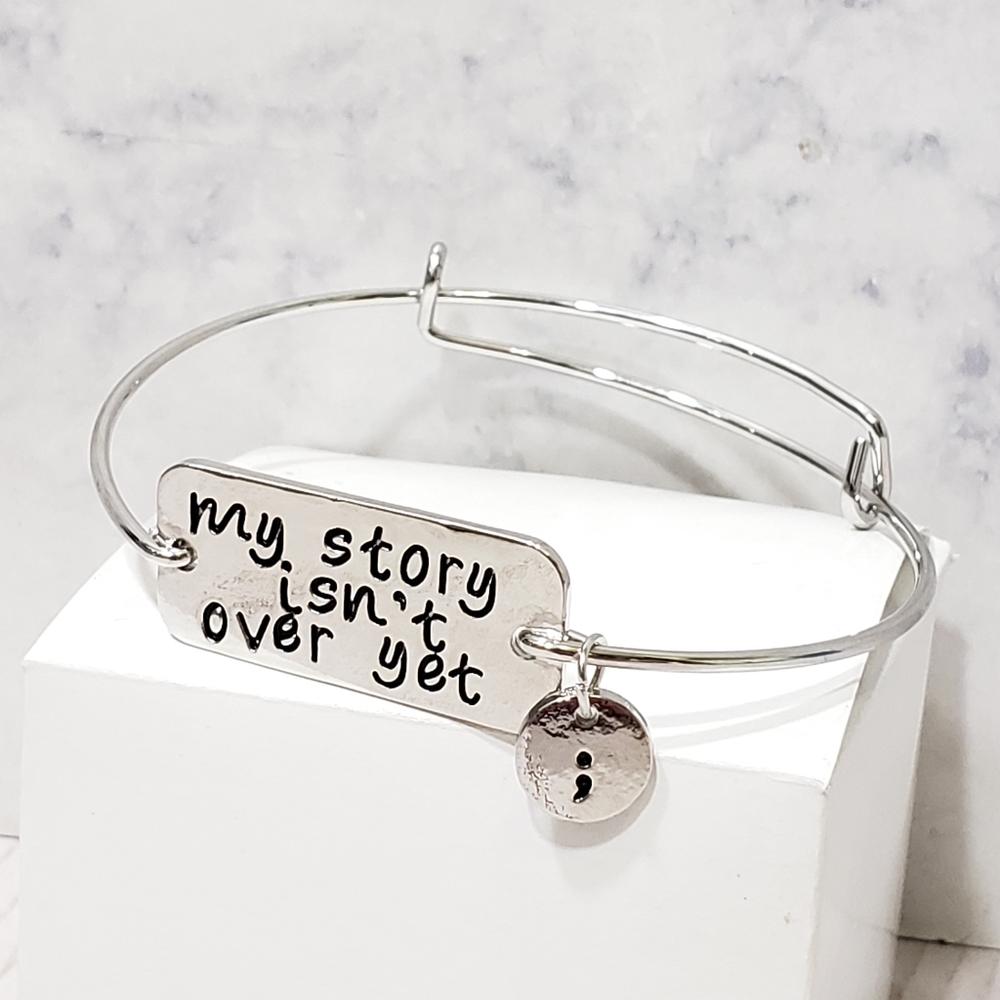 My Story Isn't Over Yet Semicolon Bangle Charm Bracelet Silver
